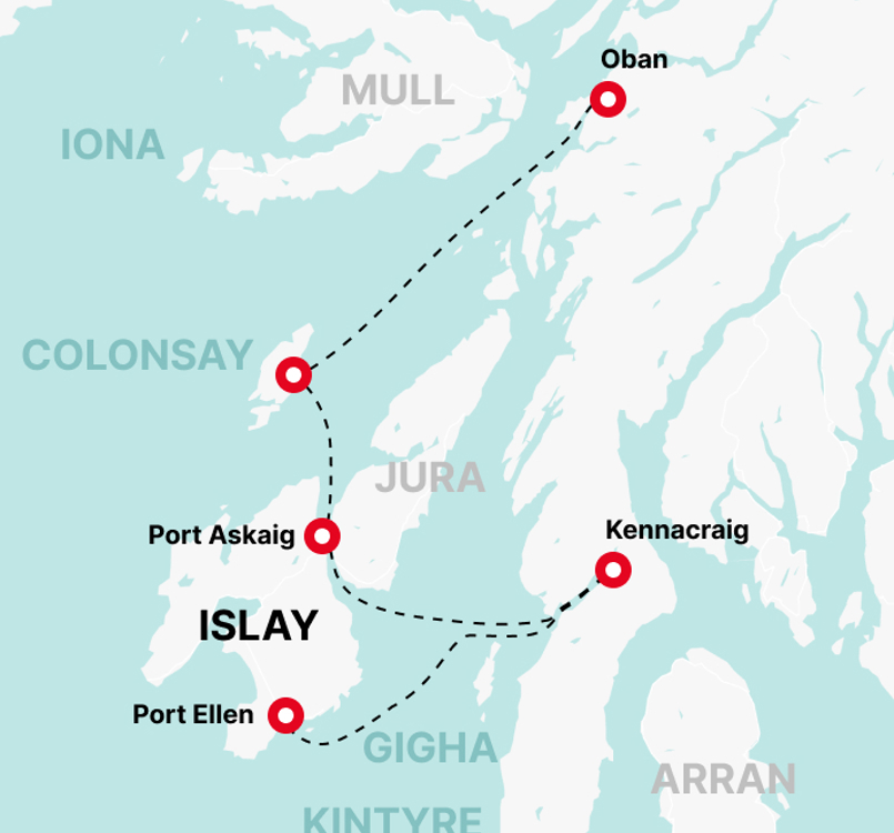 a map which shows the islands of Islay, Colonsay, Mull and Arran and how to get to Islay and Colonsay from the mainland by ferry.