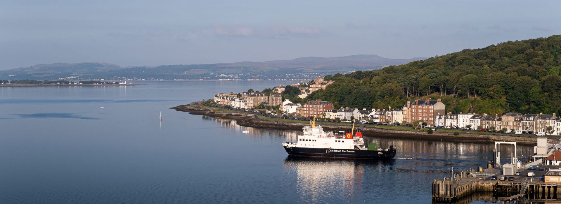 CalMac Ferry leaving the port of Rothesay on Bute.