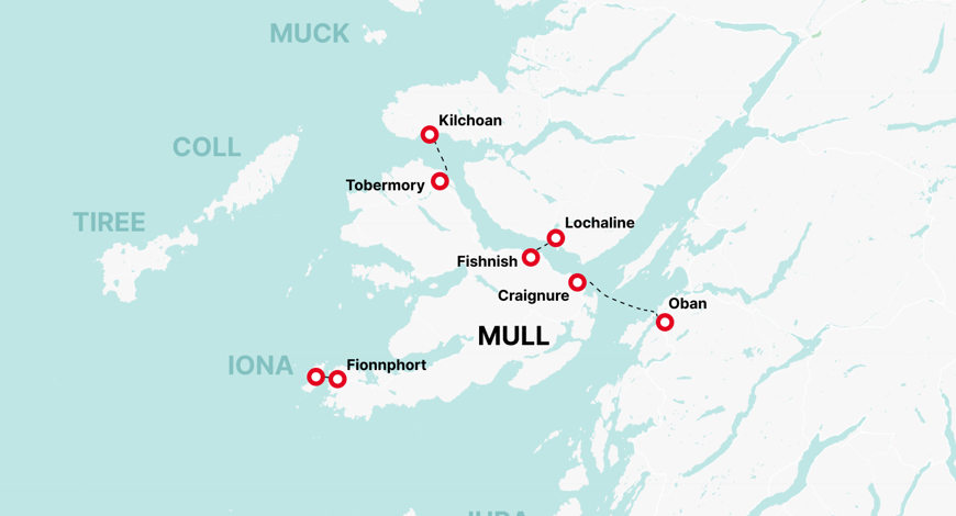 map showing the island of Mull and how to get to there from mainland Scotland