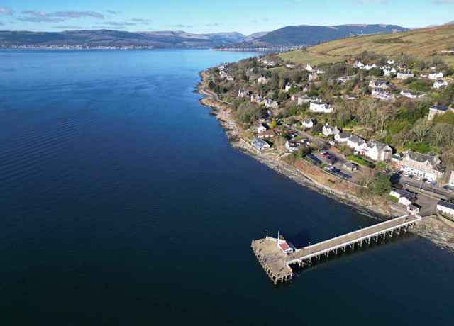 Aerial view of the Kilcreggan Pier and coastline. Kilcreggan and Rosneath.