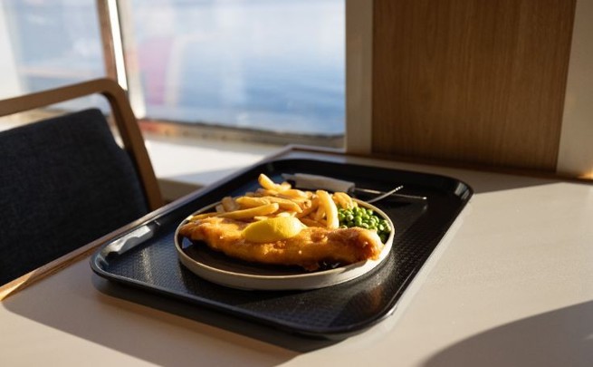 plate of fish and chips on a plate in the Mariners cafeteria