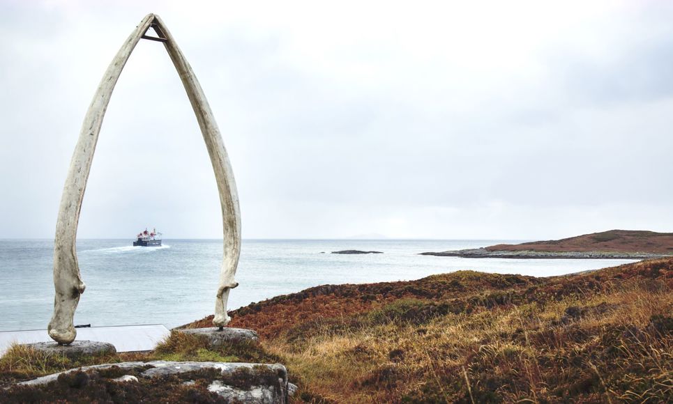The giant whale bone arch with a view of the ferry sailing away in the distance