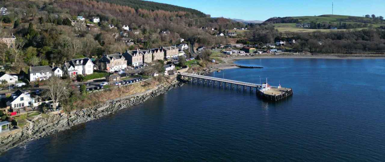 Aerial view of the Kilcreggan Pier and coastline. Kilcreggan and Rosneath.